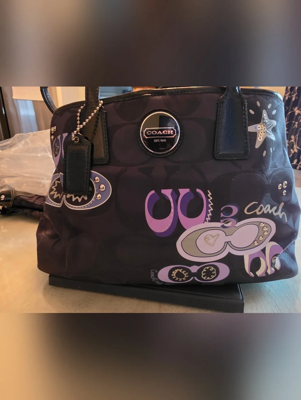 Coach Black and Purple Graphic Canvas Satchel with Stud Accents